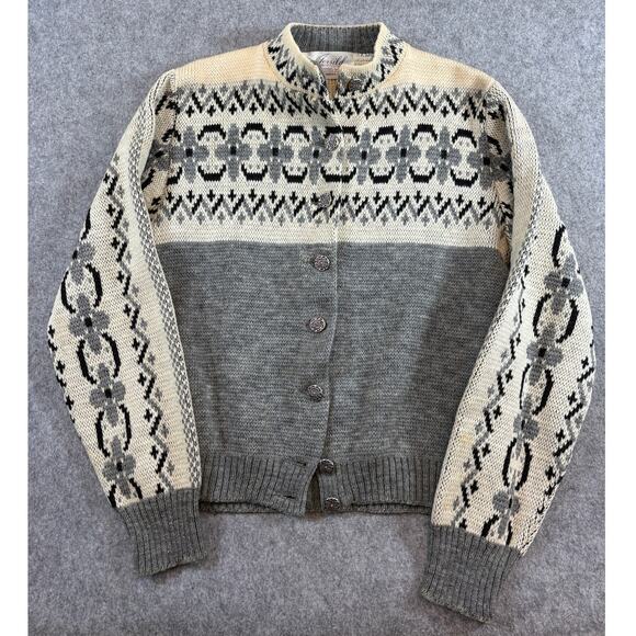 Jersild Sweaters - Vintage 60s Jersild Cardigan Sweater Womens Medium Gray Wool Knit Retro Aztec